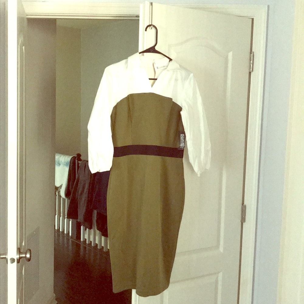 Green and white work dress